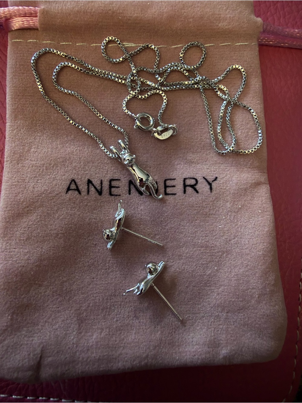 Sterling Silver 925 Playful stretching Cat Pendant Necklace and Earrings Set